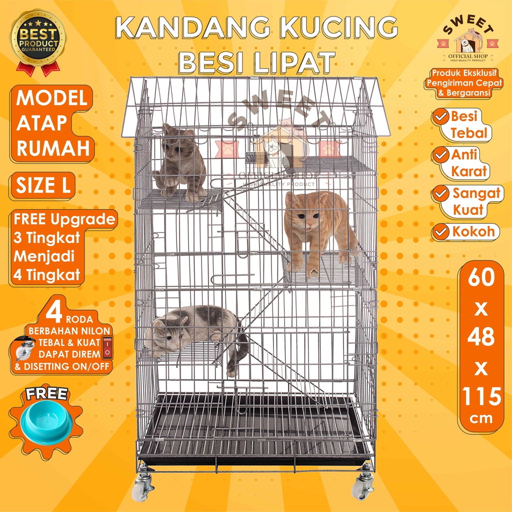 KANDANG KUCING TINGKAT 4 RODA REM SIZE L 60x48x115 -MODEL ATAP RUMAH -SUPER TEBAL IMPORT HIGHQUALITY-5