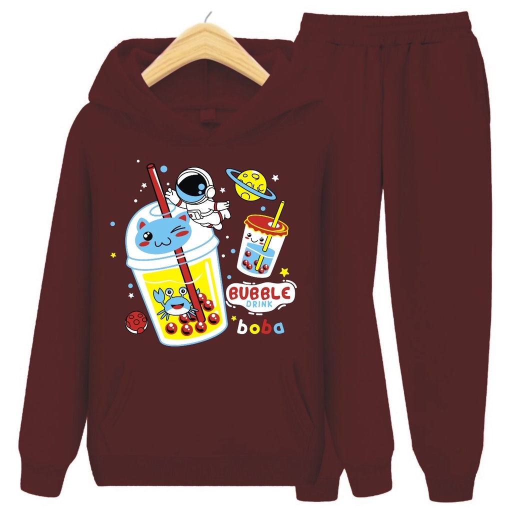 Setelan Sweater Hoodie BOBA ANAK/Set Sweater Anak/Size S (4-6Thn) M (7-9Thn) XL(10-14thn)-MARON