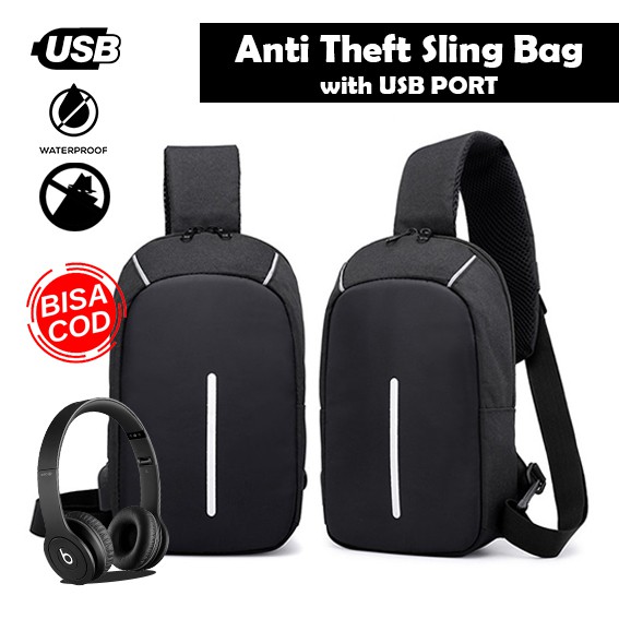 - BISA COD - USB Charger Tas Selempang Pria Sling Bag ANTI MALING Thief Fashion Sporty Travel Import