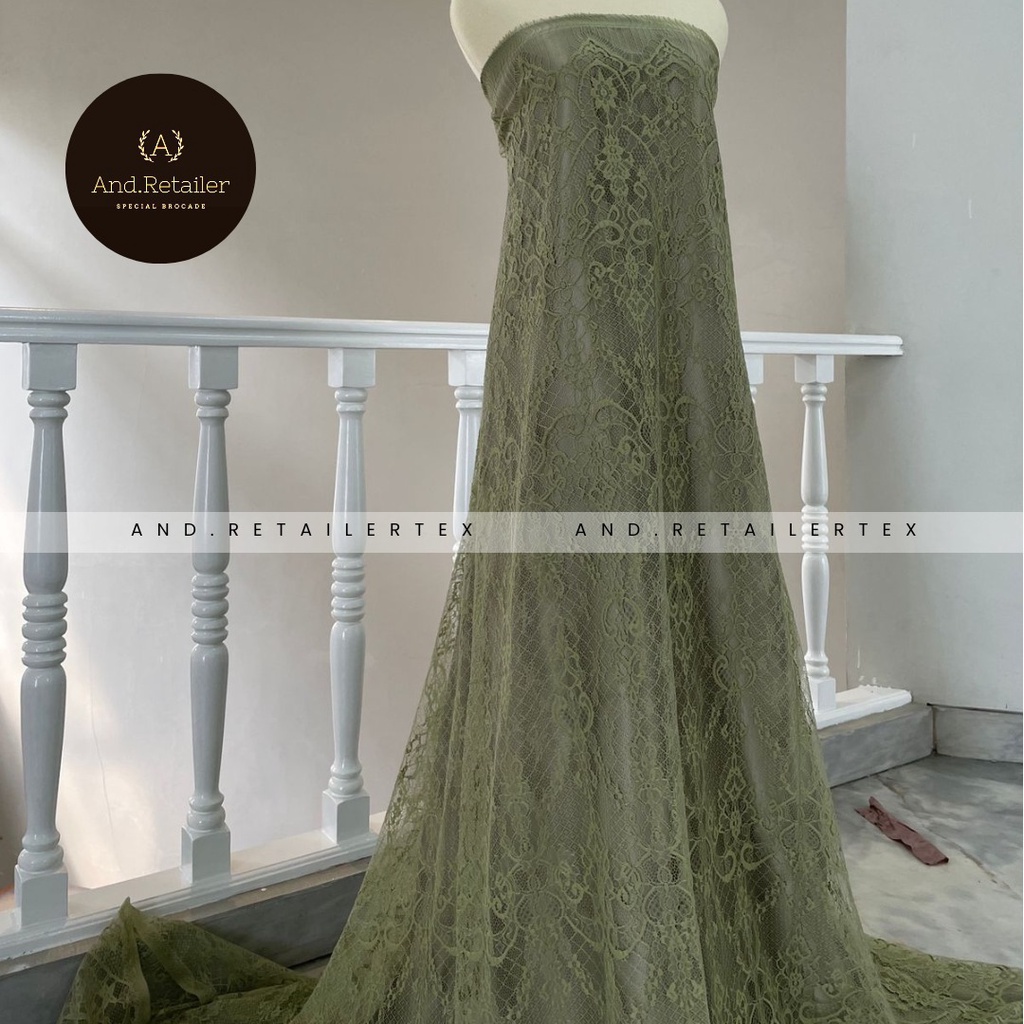 Bahan Kebaya Brokat Semi France Lace Chantily Shantily Katun Per panel 2,5m Warna Sage Green