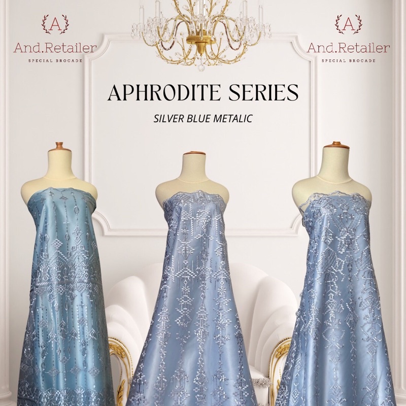 Bahan Kebaya Premium Etnik Tile Bordir Aphrodite Warna Silver Blue Metalic Design By Sapto