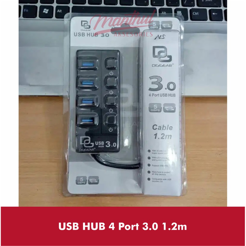 Digigear USB HUB 4 Port Kabel 1.2 meter on/off - USB 3.0