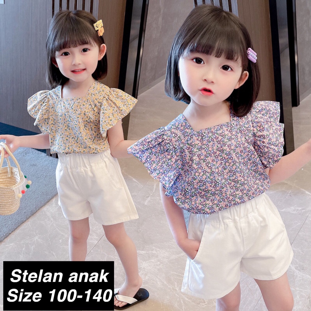 (LOLI-JKT) BS-245 SET PAKAIAN ANAK CEWEK MOTIF BUNGA KUNING &amp; UNGU +CELANA SIZE 100-140