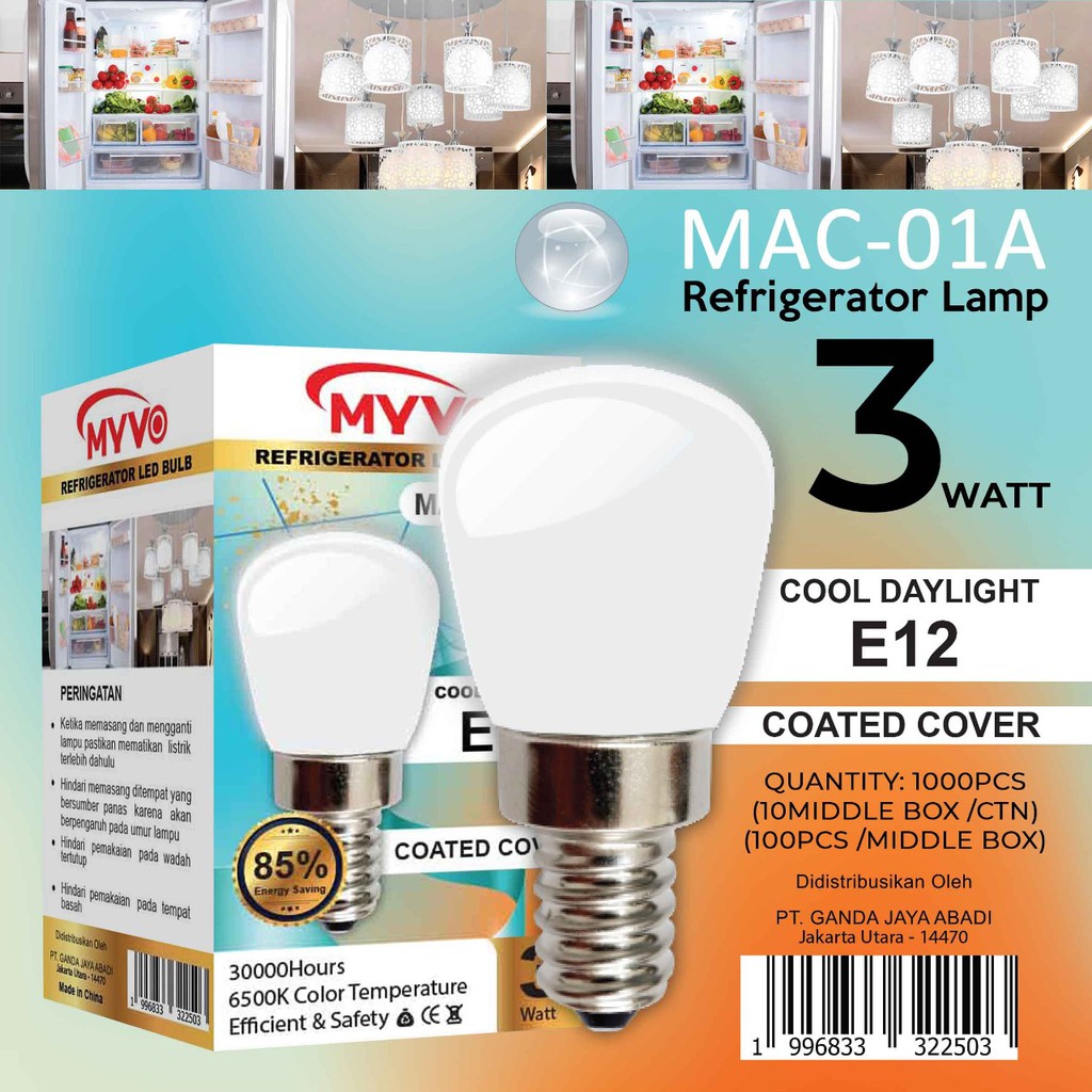 MAC-01 E12 Myvo Lampu Led Bohlam Kulkas E12 3W Cd Putih Dimensi T6cm x D2,5cm