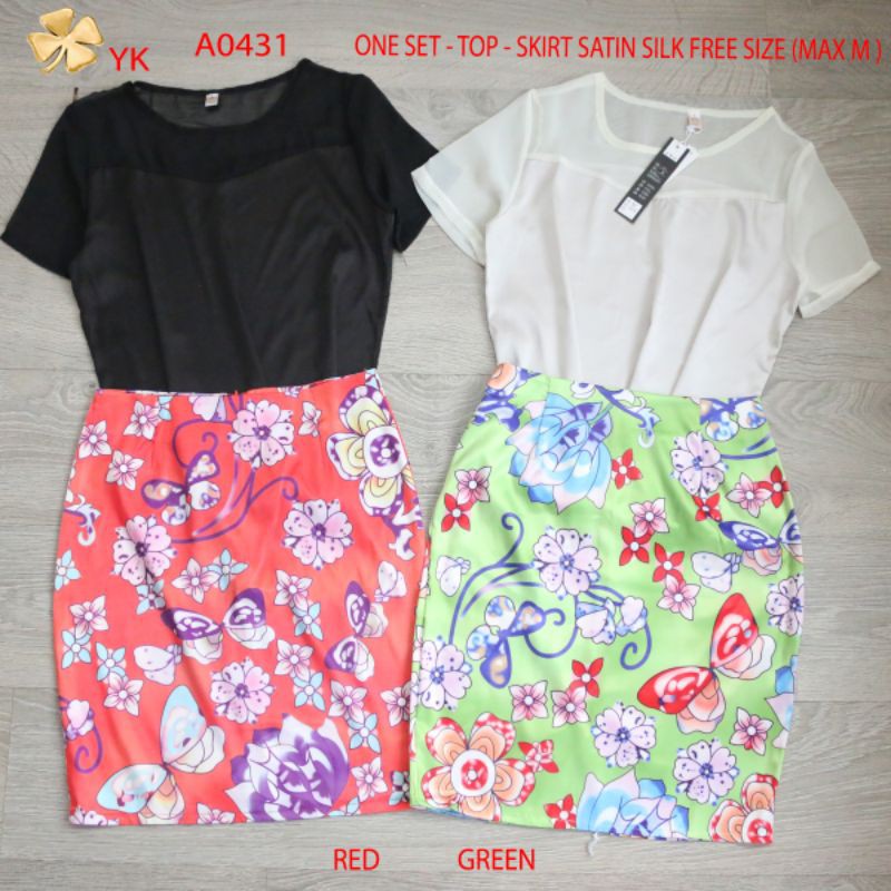 YKsale 0431 one set atasan lengan pendek rok satin S M import casual OOTD green red vintage bunga