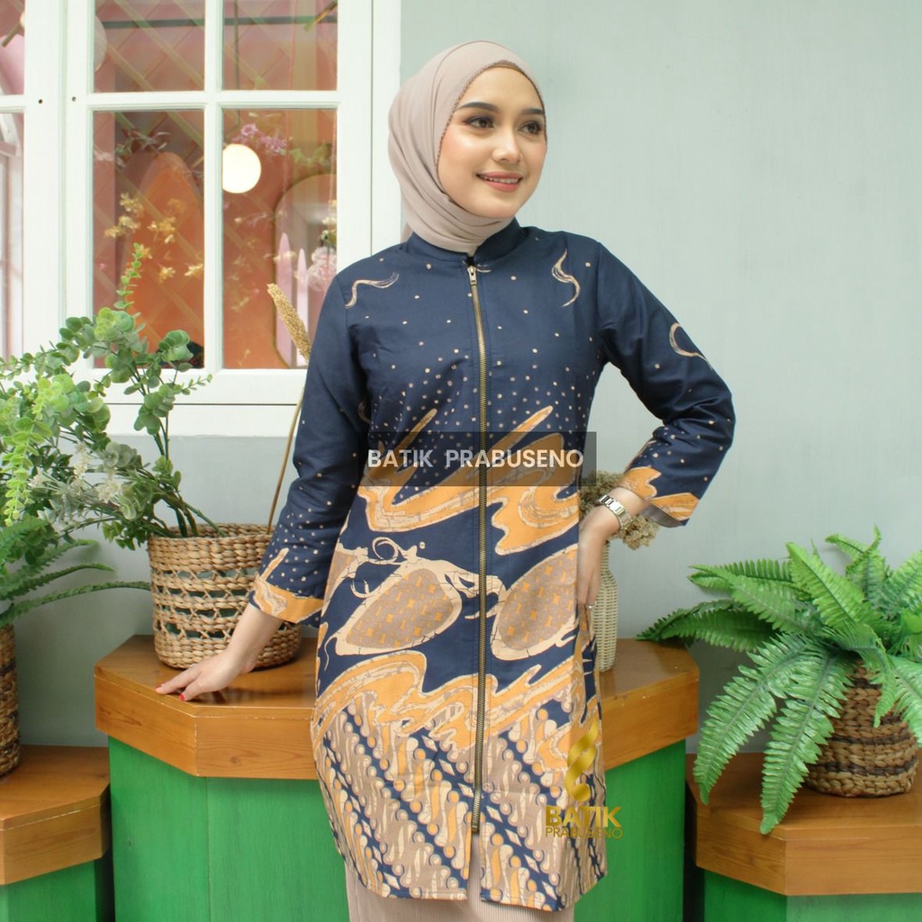 Anggita Biru Tunik Batik Wanita Muslim Syari Lengan Panjang Trendy Modern Ori Batik Prabuseno Solo B