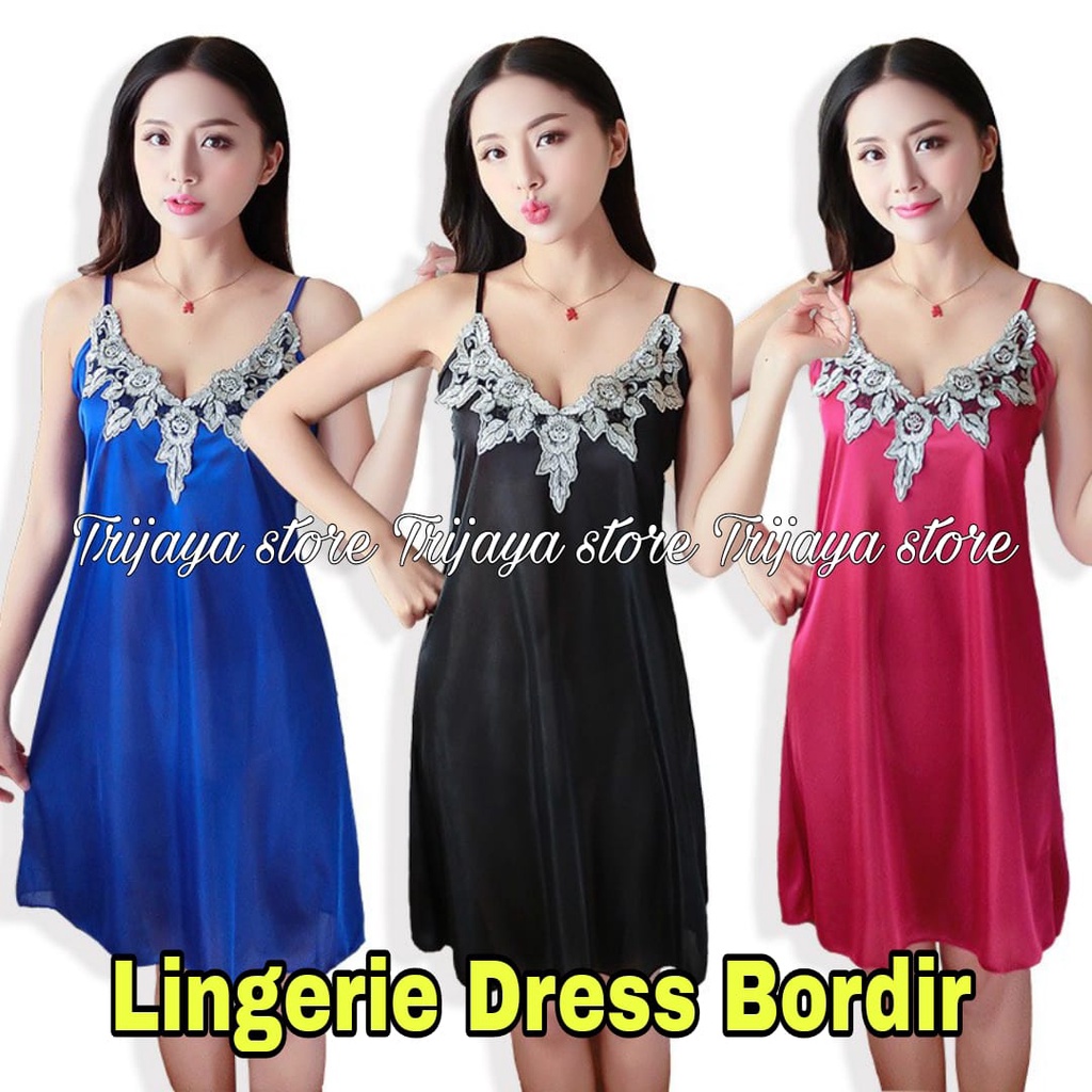 Trijaya . lingerie baju tidur wanita dress bordir besar / lingerie dress sexy bahan satin import