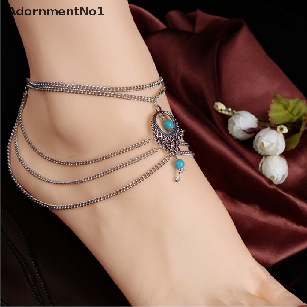 (AdornmentNo1) Gelang Kaki Rantai Gaya Boho Aksen Turquoise Untuk Perhiasan Wanita / Pantai