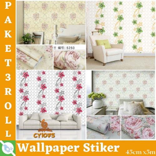 WALLSTIKER PAKET PROMO 3 ROLL ( BUY 2 GET 1 FREE ) WALLPAPER STIKER DINDING PVC PREMIUM HIG QUALITY MOTIF BUNGA MODERN BEST SELLER