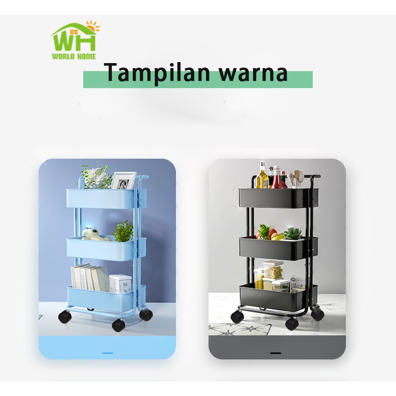 Rak Troli Tiga Susun Serbaguna Kamar Tidur Dapur Kamar Mandi dengan Roda dan Pegangan GOSHOP88