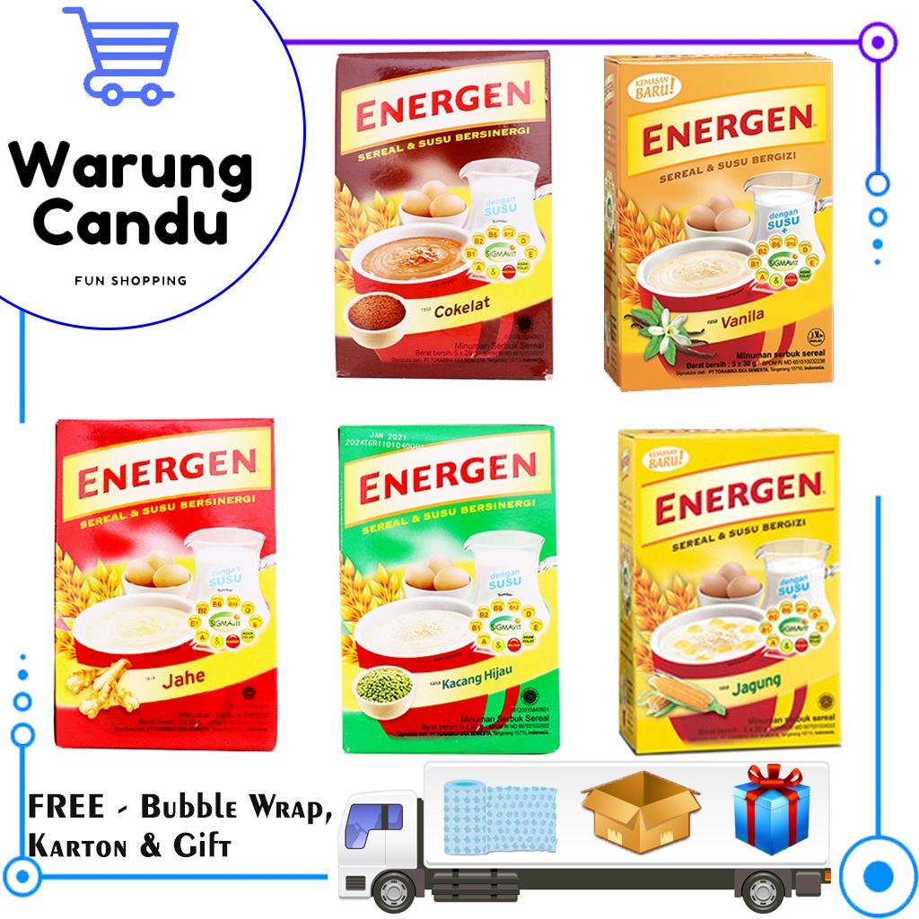 

Energen Coklat, Vanila, Jahe, Kacang Hijau, Jagung, Kurma, Oatmilk Berries & Banana (Box, Pack & Bag)