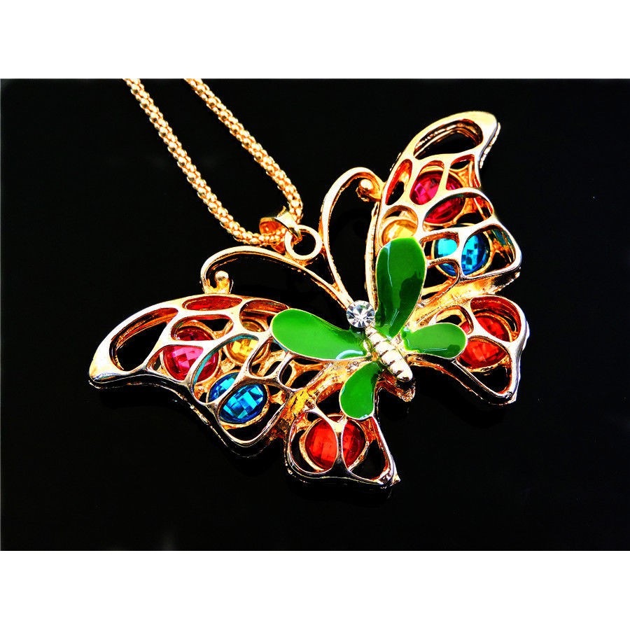 Kalung Liontin Besar Green Rhinestone Cute Butterfly  Lapis Emas
