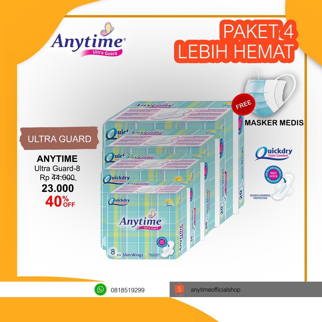 

Anytime Pembalut- Ultra Guard Day 8pc - 24cm Active Day And Relax Night - Paket 4 Bags