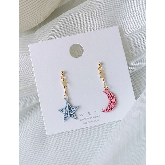 LRC Anting Tusuk Fashion Color Openwork Woven Texture Stars Moon Earrings D99683