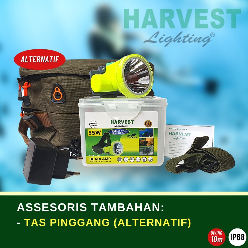 55W - PAKET ISI 3 - Headlamp HARVEST LIGHTING Senter Kepala LED Professional DIVING IP68 2600 MAH Lampu Emergency Selam Spearfishing Travel Hunting Rechargeable  Original  Bergaransi