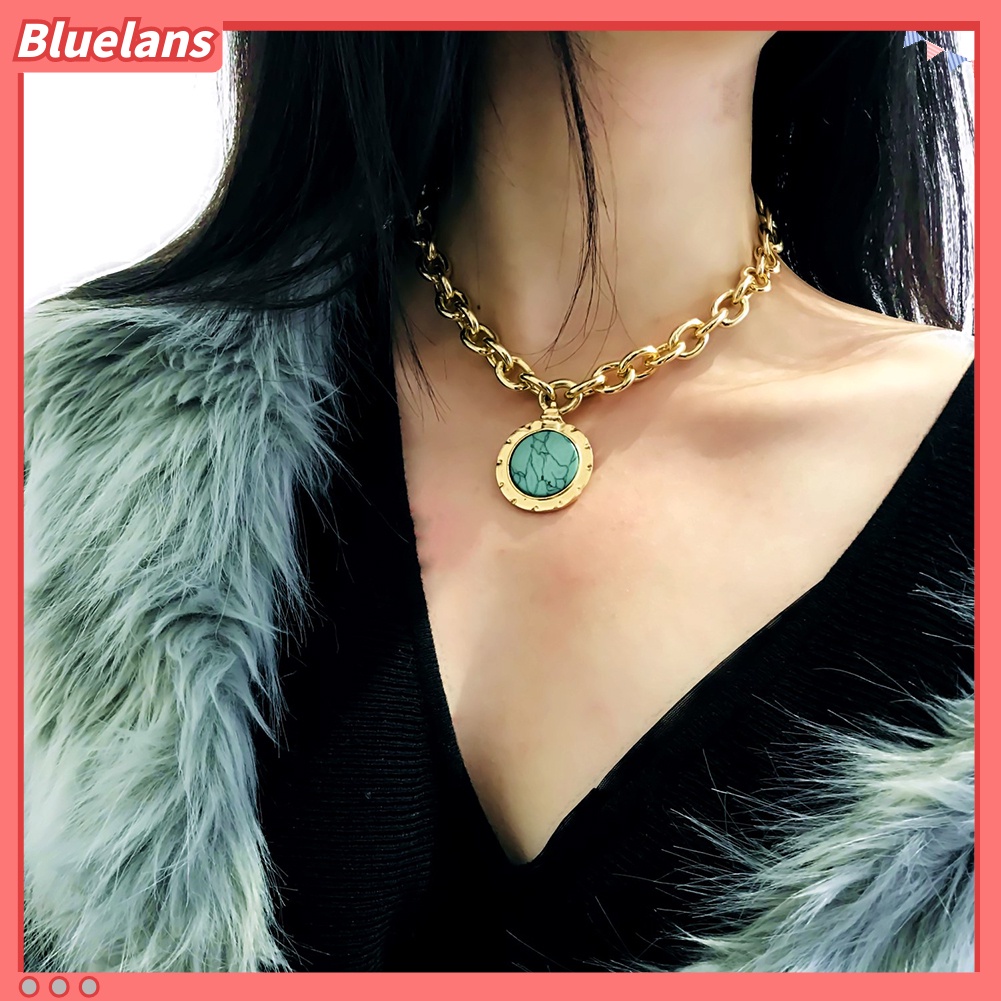 Bluelans Vintage Women Round Faux Turquoise Pendant Sweater Cable Chain Jewelry Necklace