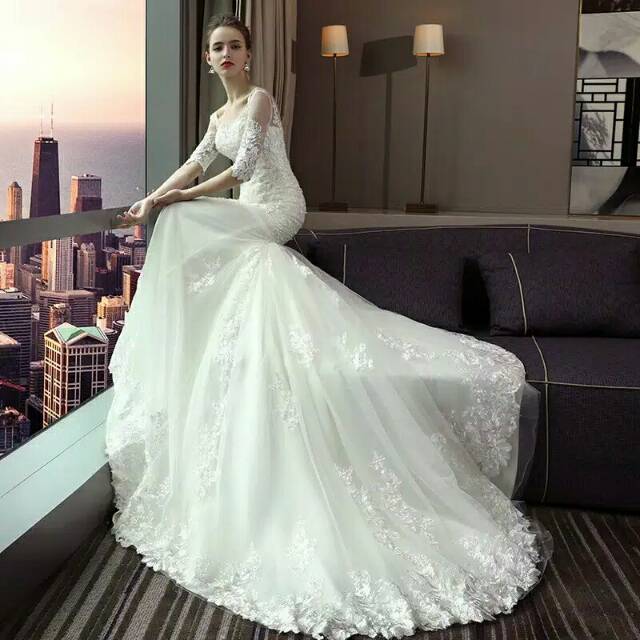 Gaun pengantin gaun pesta pernikahan mermaid elegan off shoulder slim fit bergaya