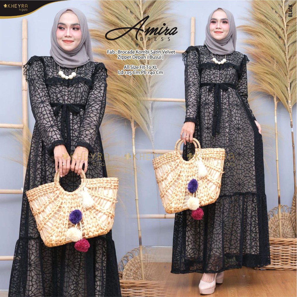 Amira Dress/ GAMIS MAXI HITAM  BROKAT KOMBI SATIN VELVET