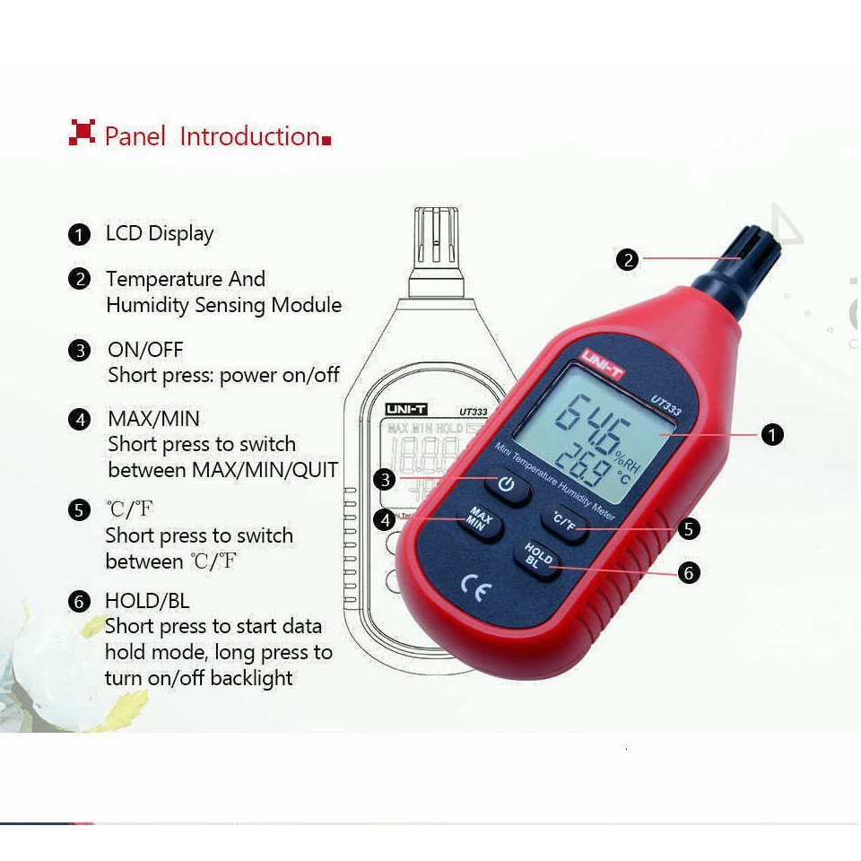 UNI-T UT333 Thermometer Hygrometer Humidity Ukur Suhu Kelembaban Udara LCD Sensor Termometer Meter