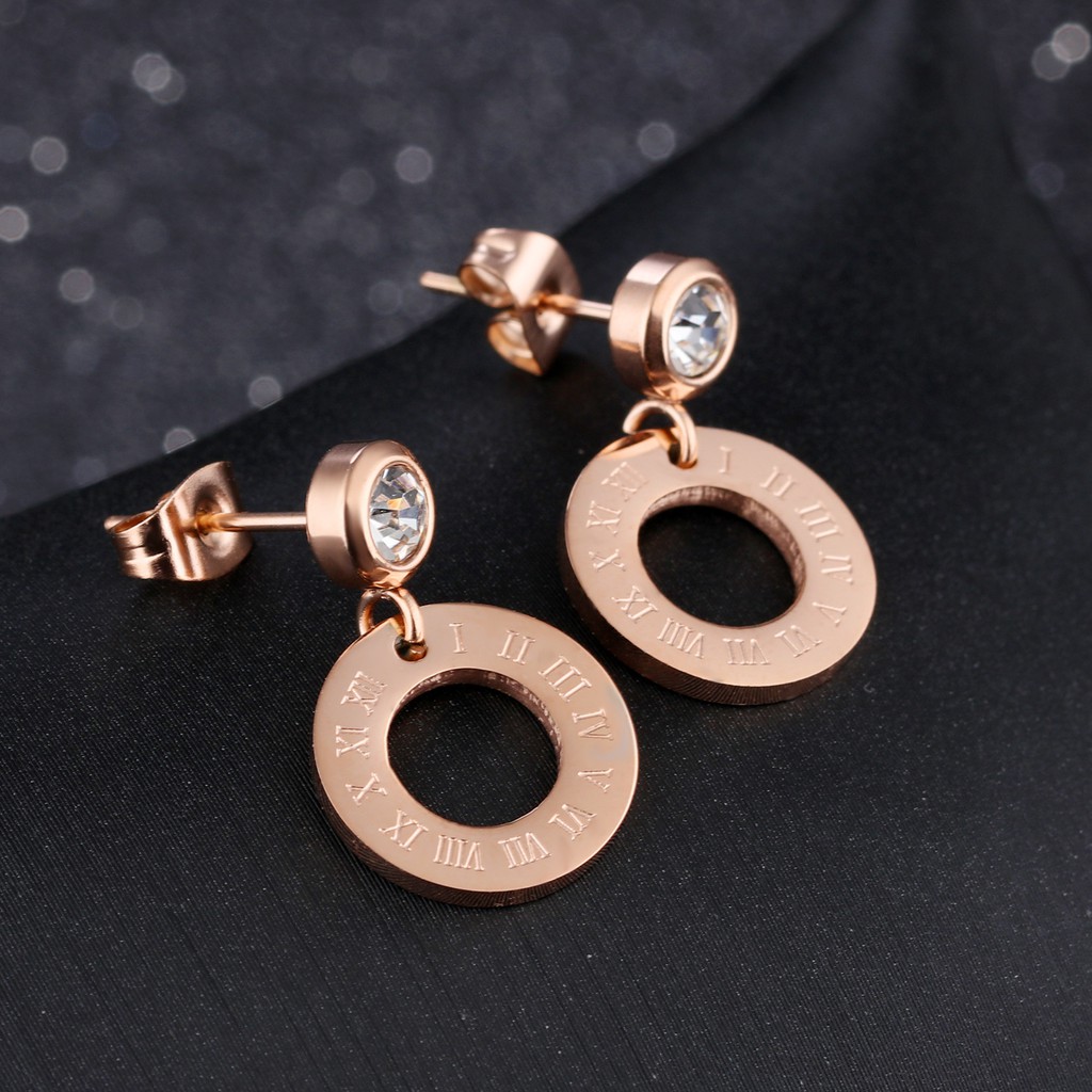 Anting Titanium Rose Gold Asli Wanita Fashion Anti Karat Murah AA010 Motif bulat romawi cocok pesta