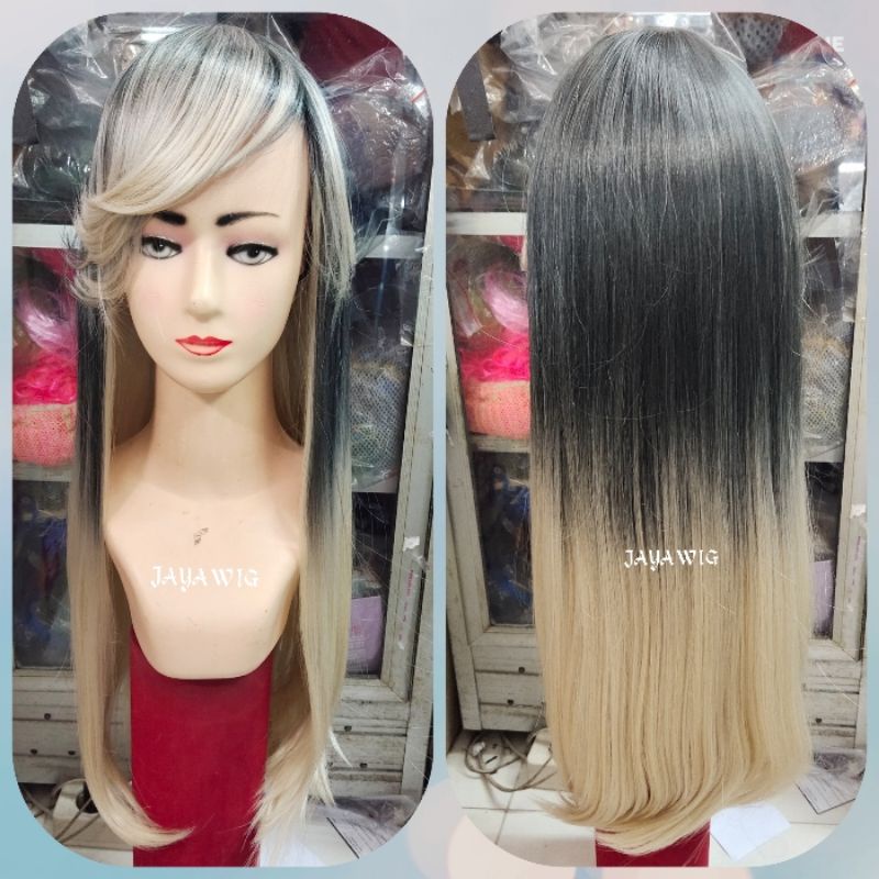 Wig Rambut Lurus Panjang Poni Samping Warna Ombre Blonde