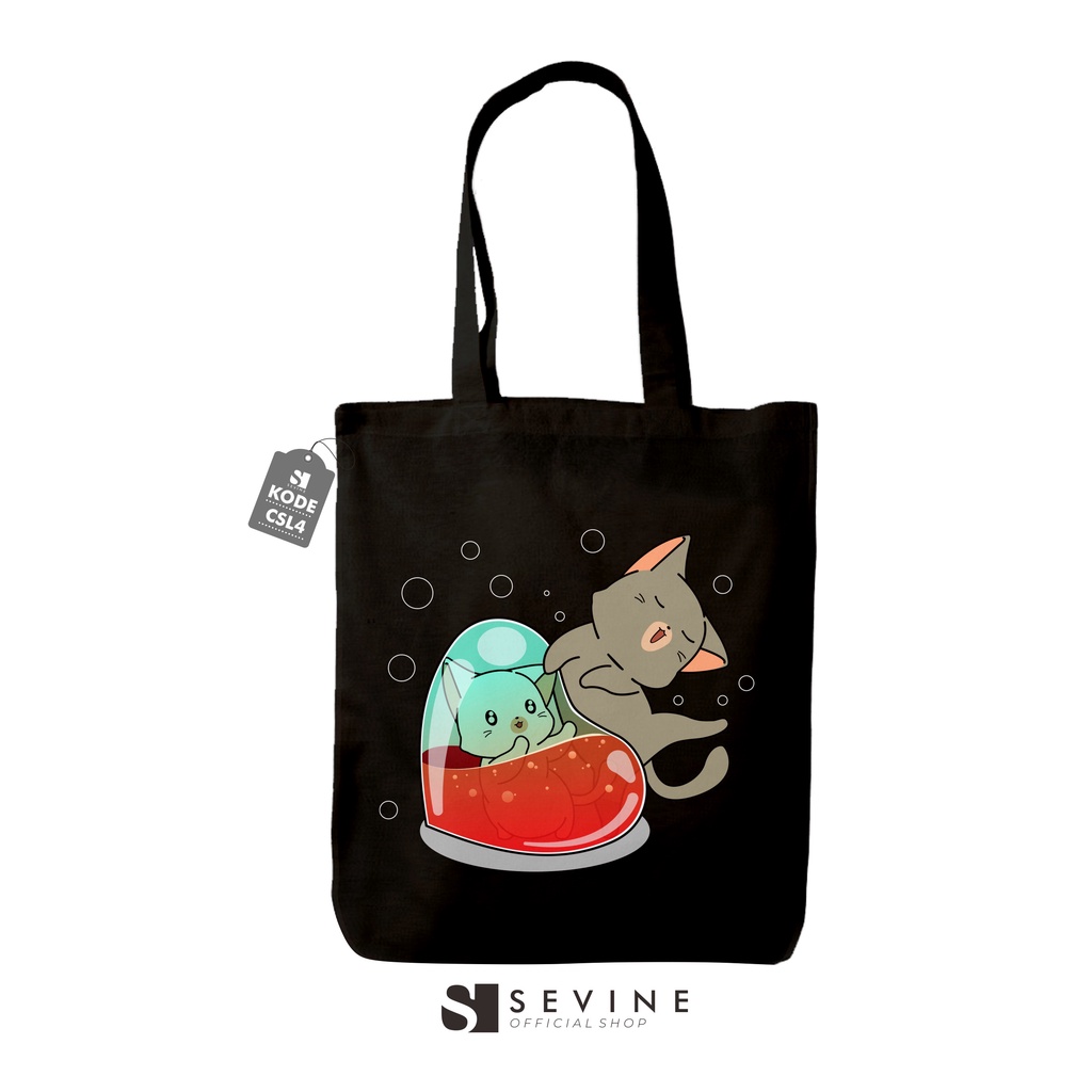 Sevine Tas Wanita Tote Bag Resleting Totebag Cute Cat Hitam Black Series - CSL4
