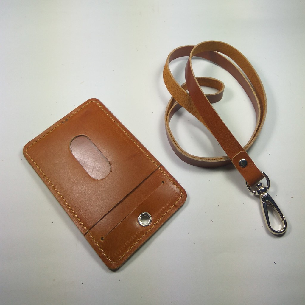 ID card holder kulit asli warna tan|gantungan id card | tali id card