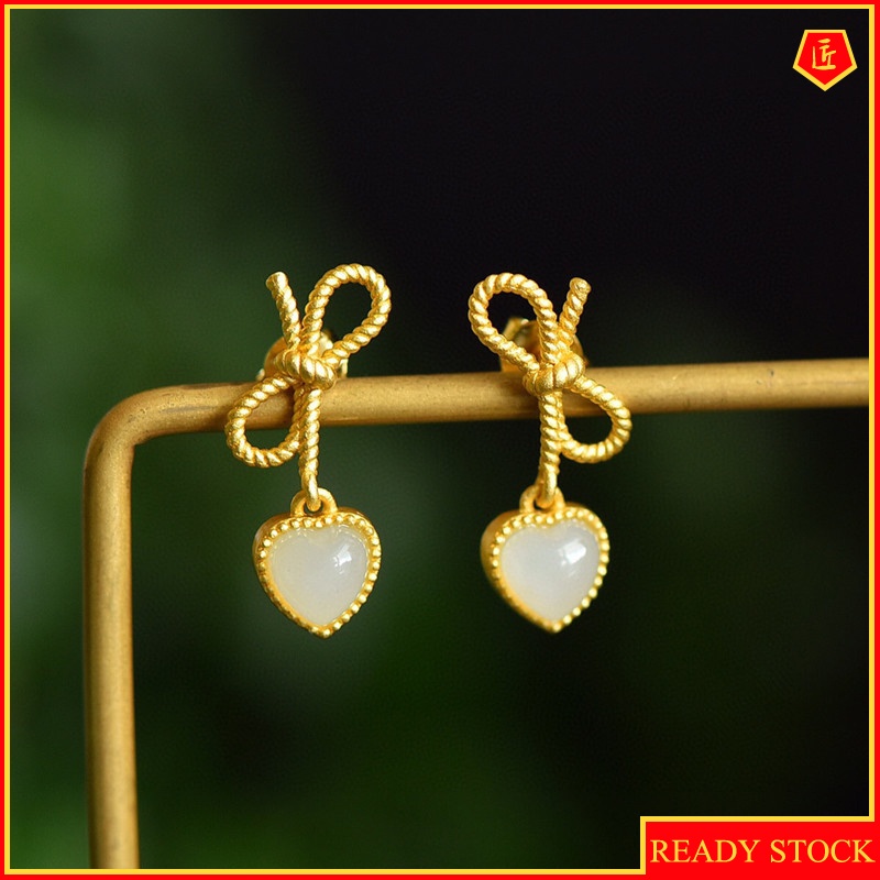 [Ready Stock]Heart-Shaped Jade Gold Graceful Bow Earrings