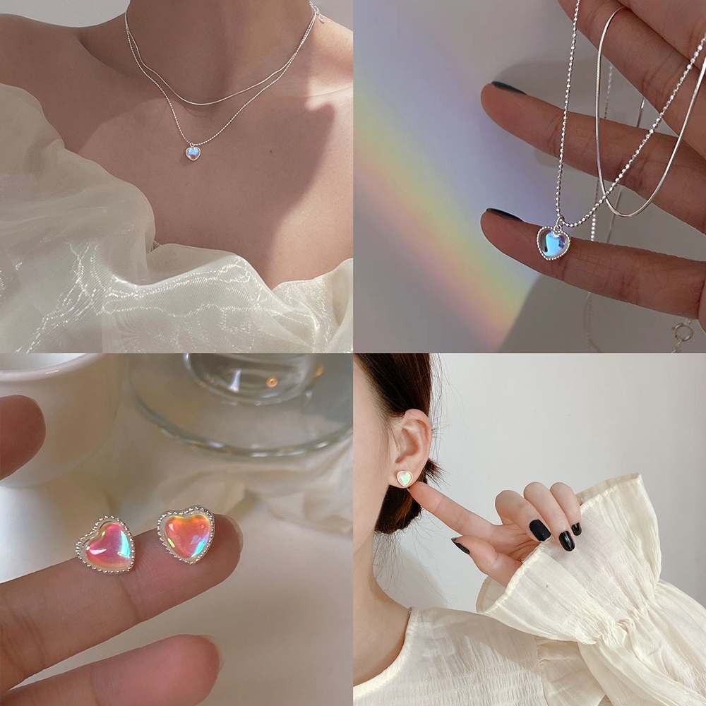 Set Anting Tusuk + Kalung Rantai Liontin Hati Batu Opal Mini Gaya Korea Untuk Wanita
