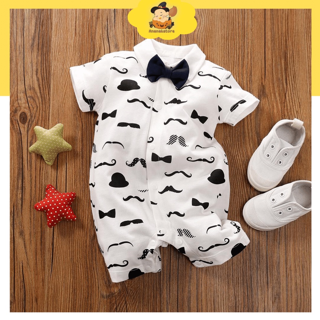 Jumper bayi lengan pendek 0-18 bulan motif Kumis / jumper bayi lucu