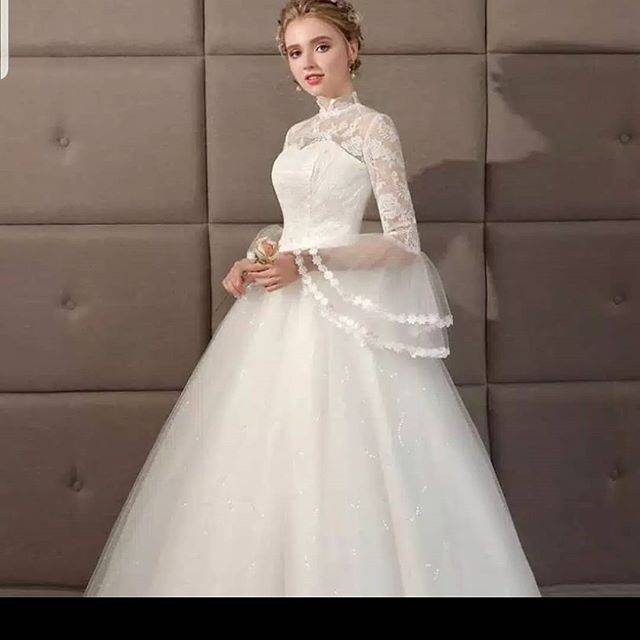 Gaun pengantin hijab -dress pengantin lengan panjang terompet -baju pengantin import -Wedding dress
