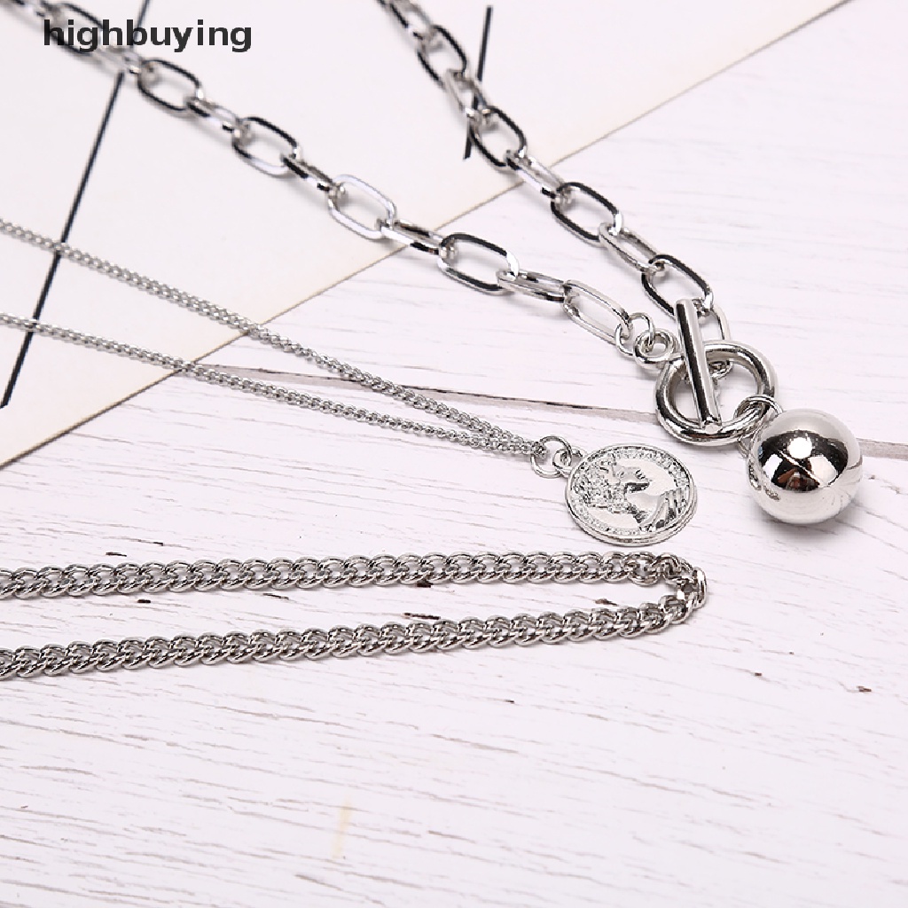 Hbid Kalung Rantai Panjang Multi layer Liontin Koin Metal Gaya Punk Casual Untuk Wanita