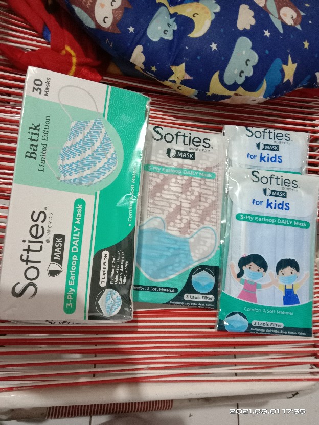 Masker Softies 3ply Isi 5pc Daily Kids Anak Hijab Pink Biru Earloop Head Loop Batik Parang Japanese