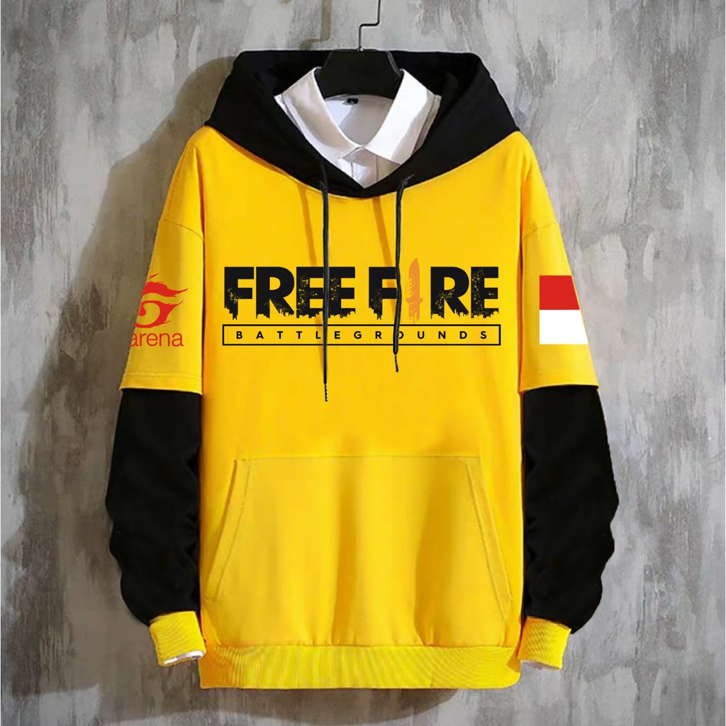 TOTOTAshop.Sweater hoodie FREE FIRE,Bahan fleece tebal,motif sablon,ada kantong depan.fit to M-L.