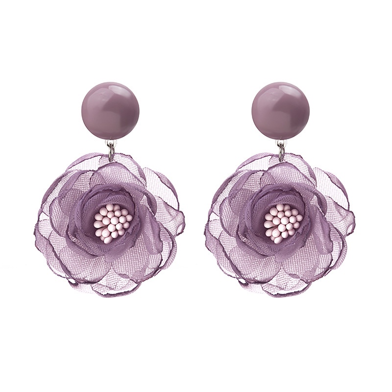 Anting Tusuk Silver 925 Wanita Desain Bunga Sifon Lace Ungu Gaya Jepang Korea
