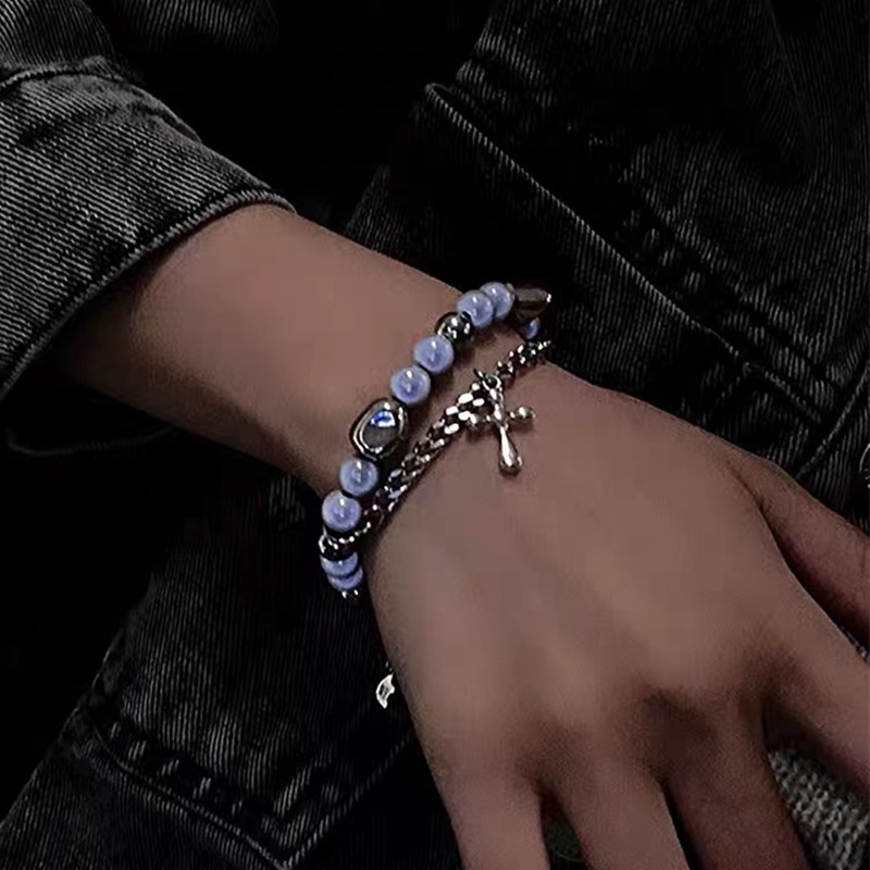 Gelang Mutiara Desain Cross Stitching Reflektif Gaya Korea Hip Hop Untuk Wanita