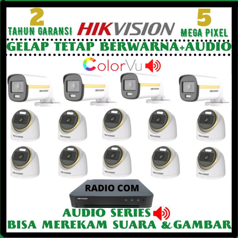 PAKET CCTV HIKVISION COLORVU 5MP 16 CHANNEL 14 KAMERA AUDIO FUL COLOR SIANG MALAM BERWARNA