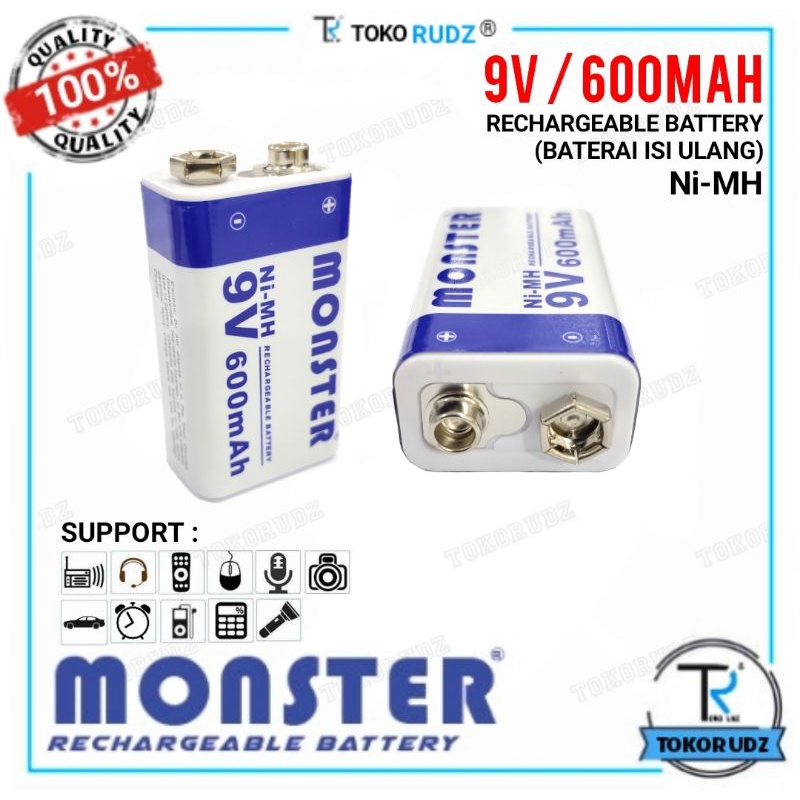 Batre 9V Cas Baterai Isi Ulang 6F22 600mAh Rechargeable MONSTER