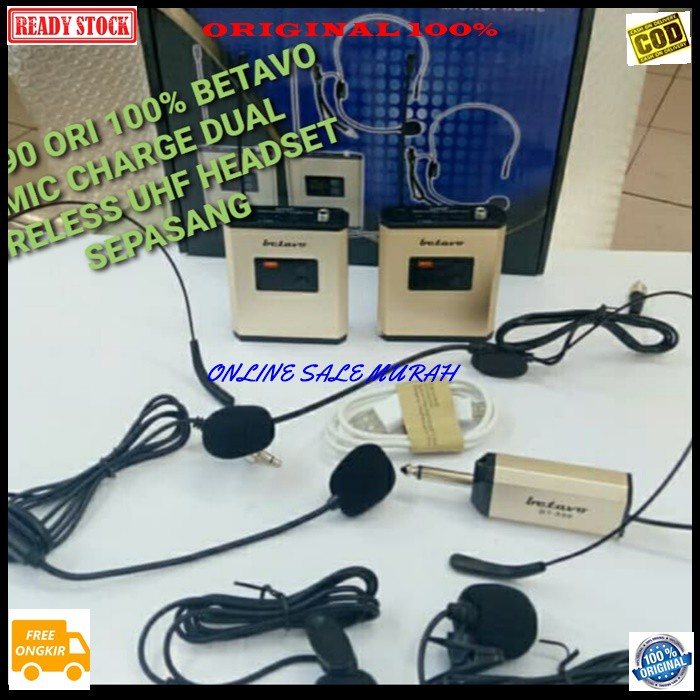 G390 Betavo mic wireless sepasang uhf charge cas headset bando kuping jepit dual mik wireles klip clip dobel microphone kerah baju tie sepasang profesional pro kancing condesor system sistem vokal vocal panggung dj studio Kancing sensitif aux cer