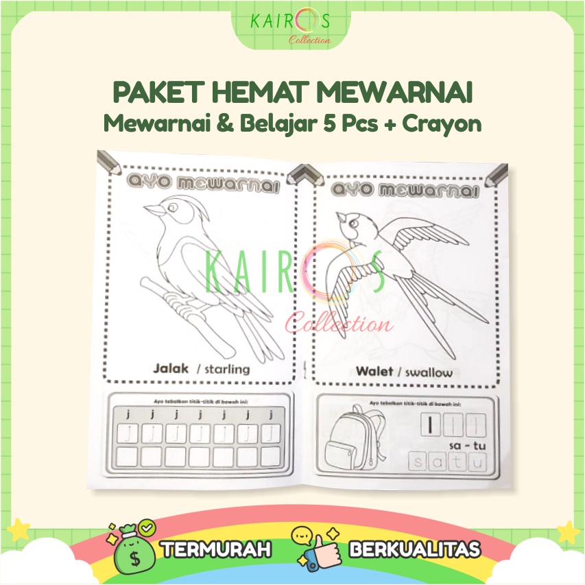 Paket Hemat 5 Buku Belajar Mewarnai Anak &amp; Crayon 12 Warna Lengkap