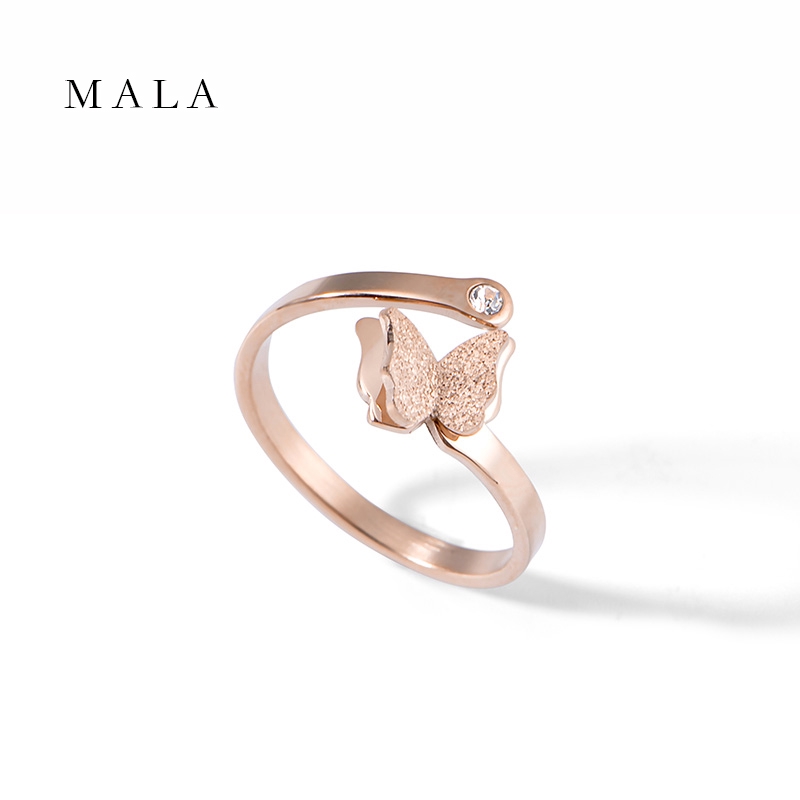 Cincin Titanium Steel Motif Kupu-kupu Warna Rose Gold Frosted untuk Pasangan / Pria / Wanita