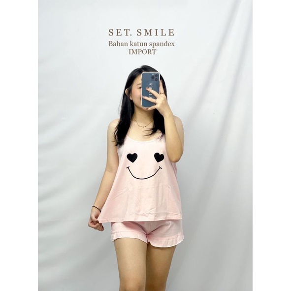 MDLV ~ Baju Tidur Set Smile HP Set Baju Tidur Tanktop Celana Pendek Fashion Wanita