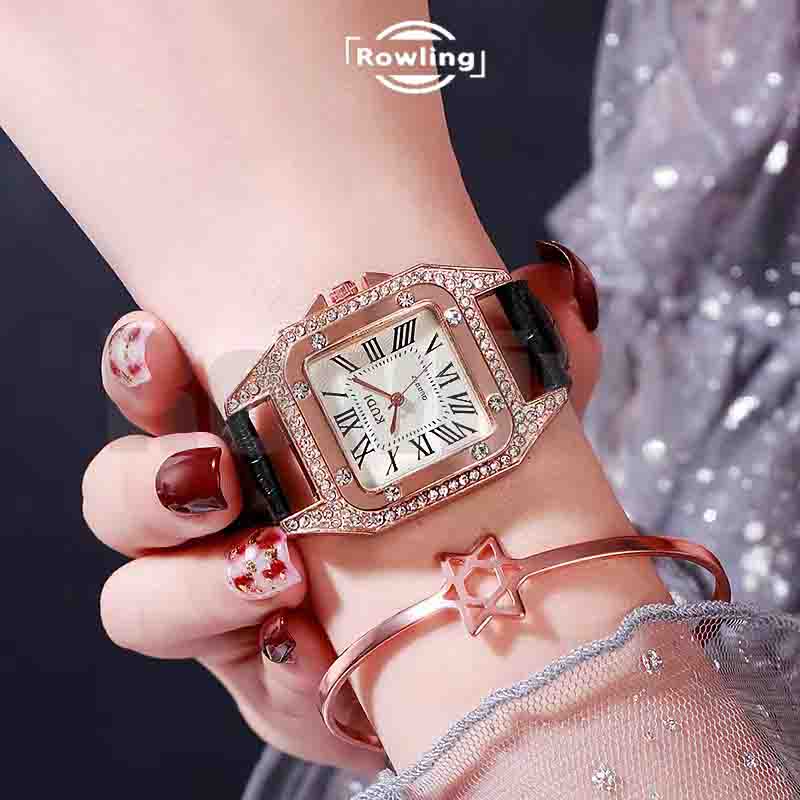 Rowling (Jam-24) Jam Tangan Wanita Kotak K.U.D.I Jam Tangan Wanita Quartz dengan Strap kulit Sintetis Romawi Import TANPA ACCESORIS