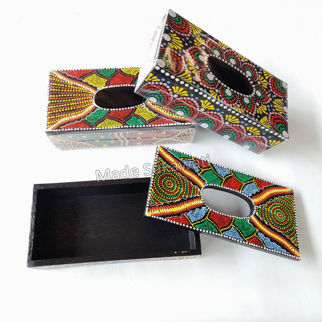 Kerajinan kayu kotak wadah Tempat kotak tisu tissue lukis tutul handmade bali