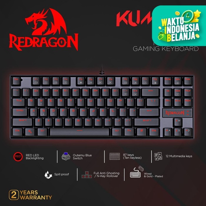 Keyboard Gaming Mechanical Redragon TKL Red Backlit KUMARA K552