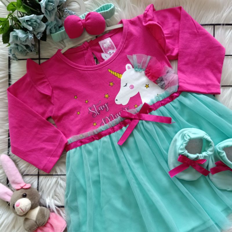 GAMIS QUEEN SET 4IN1 UNICORN DRESS ANAK 0-1 TAHUN/ BAJU MUSLIM ANAK GAMIS TUTU SET BANDO SEPATU UNICORN / GAMIS ANAK PEREMPUAN PREMIUM PINK TUTU GAMIS TUTU PRINCESS MAHKOTA