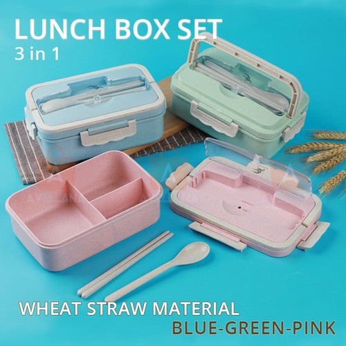 [LUNCH BOX] SET KOTAK TEMPAT MAKAN + GAGANG PEGANGAN BENTO BOX JERAMI GANDUM WHEAT BPA FREE 4 IN 1 1000ML &amp; 1500ML