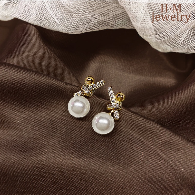 Anting Tusuk Mutiara + Berlian Imitasi Model Simpul Pita Kualitas Tinggi Untuk Wanita 2022