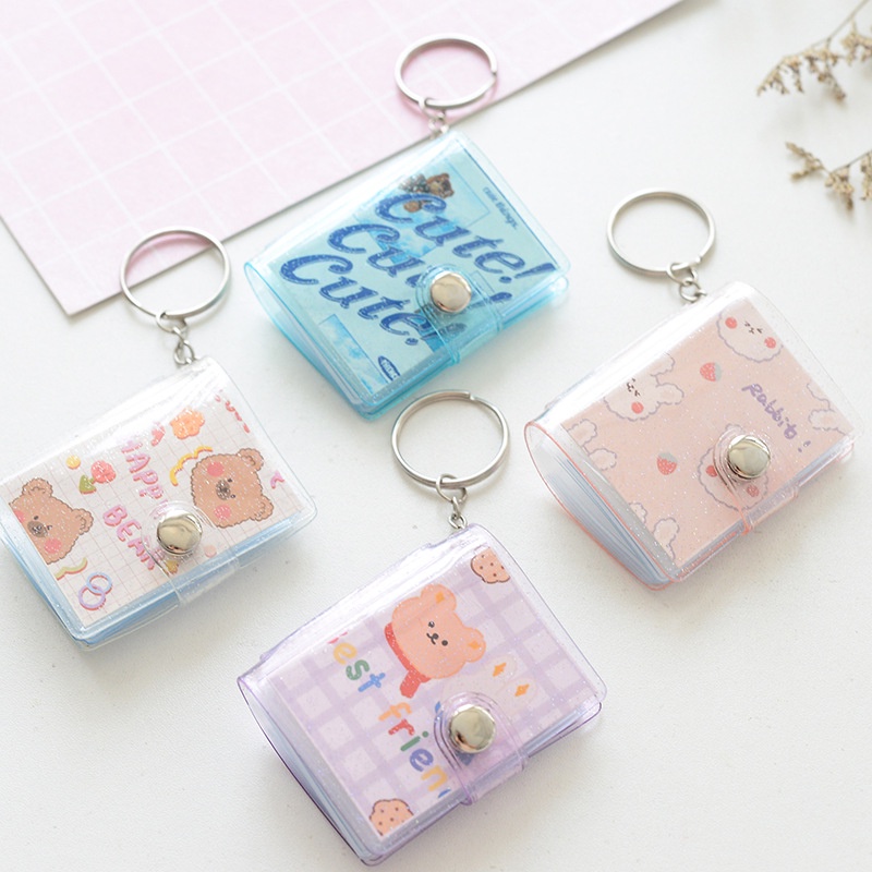 1 Inch Mini Photo Album 16 Pockets Shiny Transparent ID Card Holder Keychain Keyring Jelly Color INS KPOP Collectibles