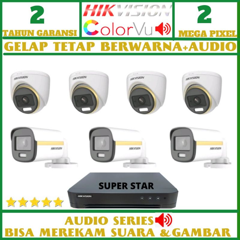 PAKET CCTV COLORVU HIKVISION  8 CHANNEL 7 KAMERA 2MP AUDIO SIANG MALAM BERWARNA